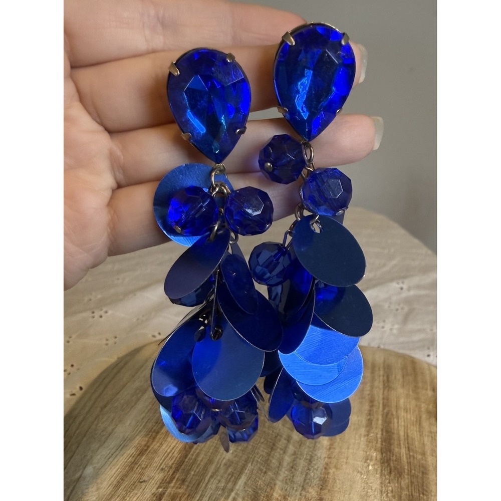 Vintage Blue Sequin‎ Beaded Clip On Earrings Long Dangle 4.5"